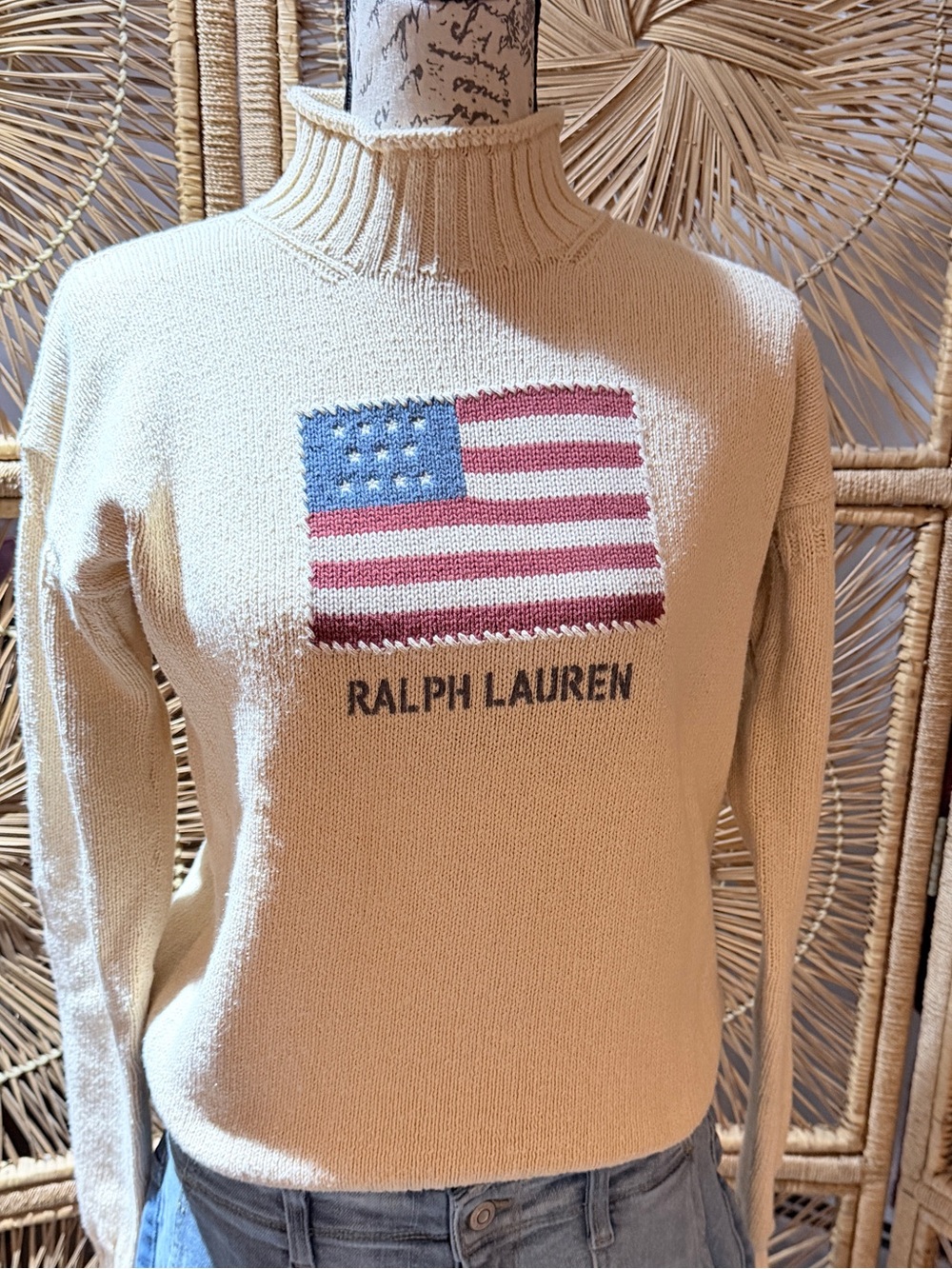 Ralph Lauren Cream Turtleneck Sweater with American Flag